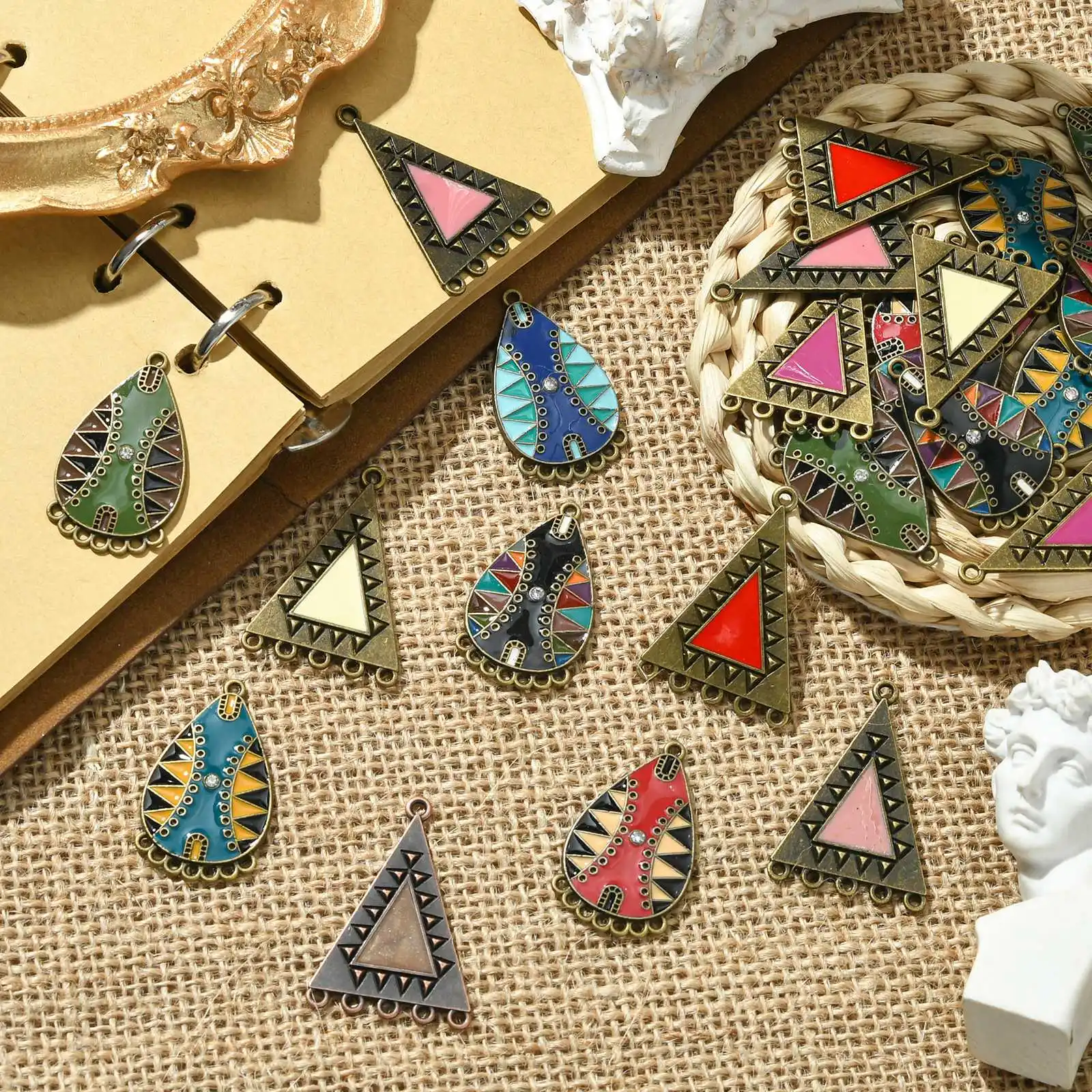 Pandahall 40Pcs 10 Styles Boho Charms Vintage Chandelier Component Links Teardrop Triangle Dangle Pendants for Jewelry Making