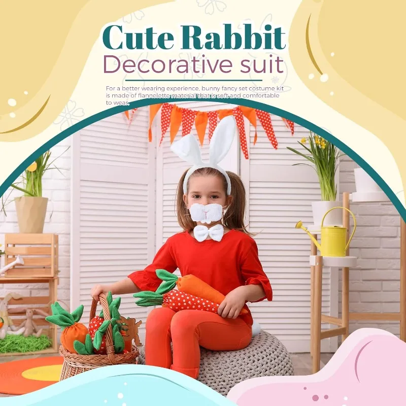 Conjunto de disfraz de conejito de Pascua - Orejas de peluche, pajarita, nariz y cola - Cosplay de fiesta de Halloween para niños y niñas