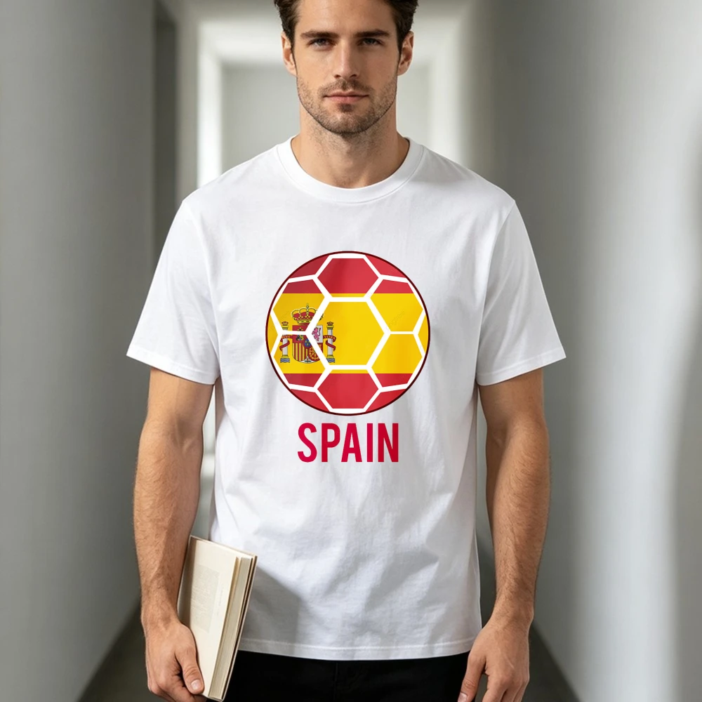 Spain Men Cotton Tshirt National Crest Soccer Ball Outline Bold Spain Letter Unisex Tee Trendy Supporter Daily Casual Tee