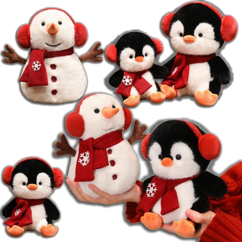Fluffy Christmas Penguin Snowman Plush Toy Red Earmuffs Scarf Snowflake Stuffed Animal Doll For Winter Holiday Home Sofa Decor