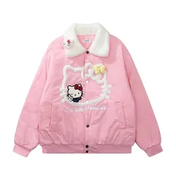 Sanrio Hello Kitty Women's Autumn Winter Sweet Cute Thick Cardigan Zipper Jacket Female Cartoon Fashion Leisure Warm Loose Coat