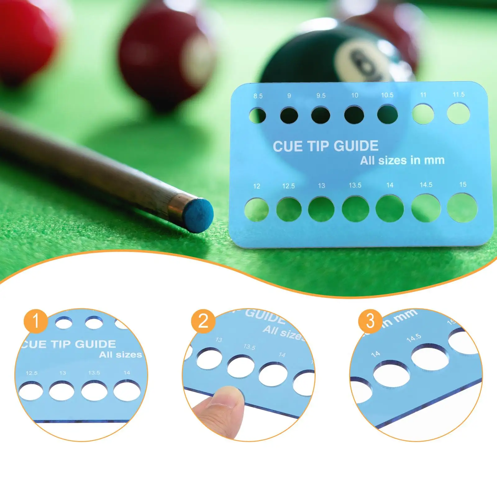 

Billiard Cue Tip Measurement Tool High Durability Acrylic Pool Accessory Practical Size Checker for Cue Tips 8.5 to