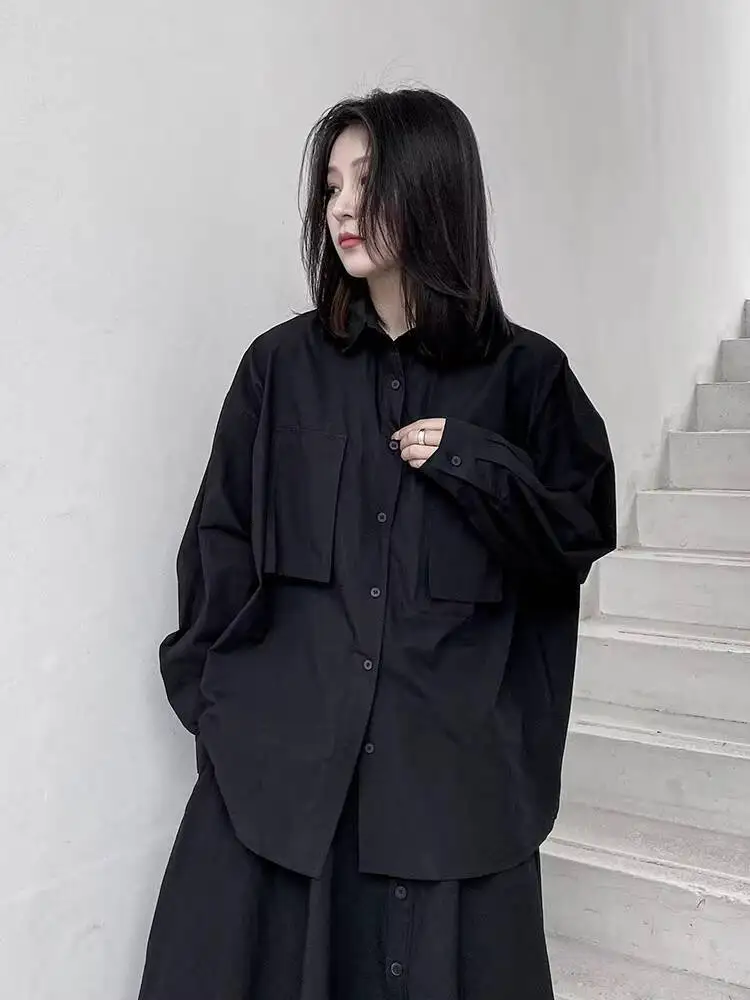 

Ladies Long Sleeve Shirt Spring And Autumn Style Yamamoto Style Personality Pocket Stitching Loose Large Size Long Sleeve Shirt