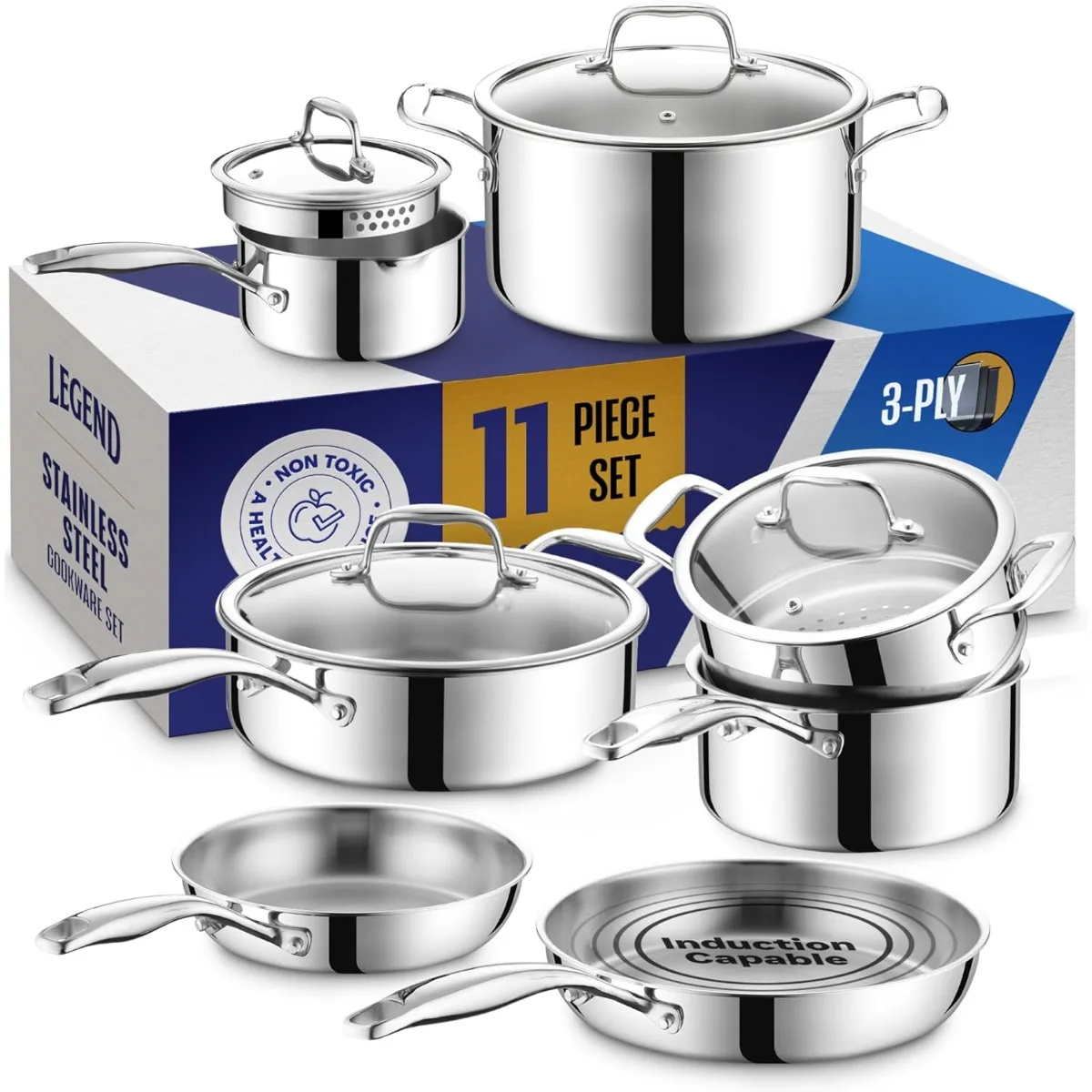 3 Ply Stainless Steel Pots and Pans Set | 11-Piece w/Glass Lids, Non-Toxic, Induction, Oven Safe | Best 18/8 Full Clad