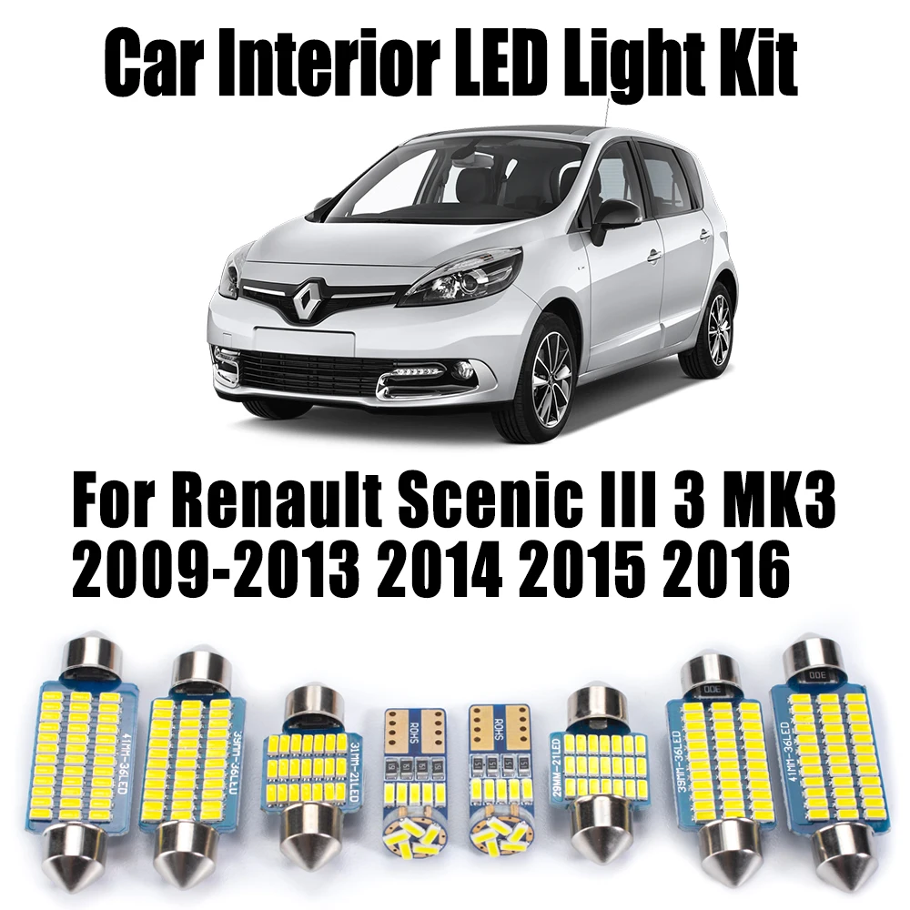 

17 шт. Canbus светодиодный внутренний купольный потолочный светильник, комплект для Renault Scenic III 3 MK3 2009-2013 2014 2015 2016, автомобильное зеркало, лампа