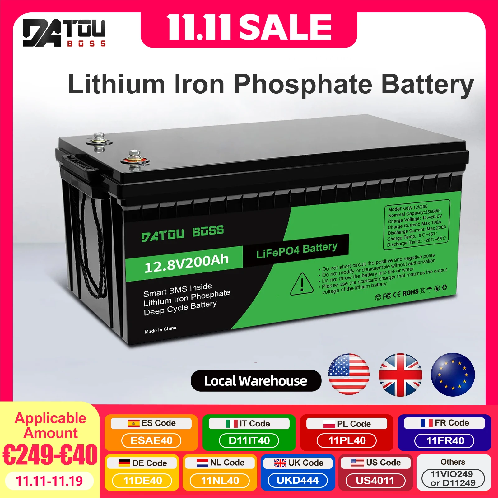 DATOUBOSS 12V Lithium Battery 200AH Nominal Capacity 2560W LiFePO4 Battery With BMS  Solar Portable Rechargeable Deep Cycle