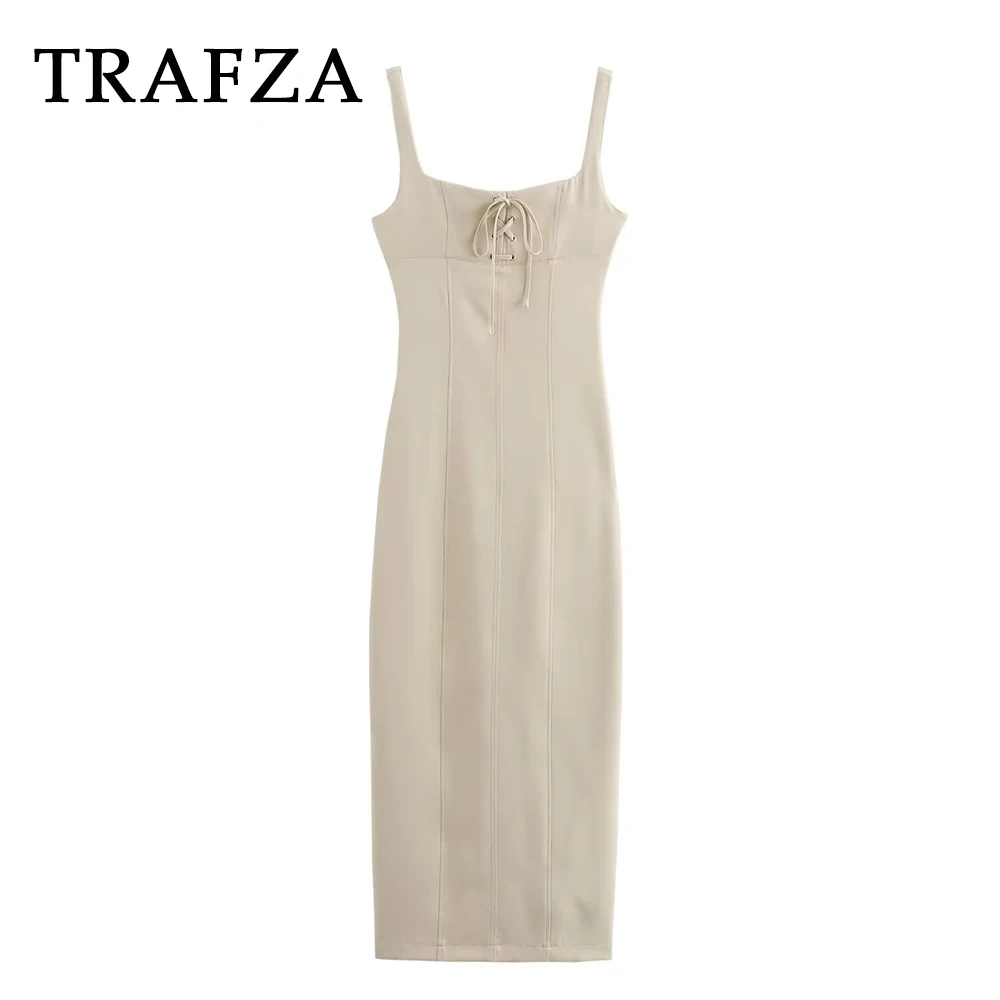 TRAFZA 2024 Wommen Summer Solid Vintage Camisole Dresses Lace-Up Zipper Midi Skirt Sleeveless Long Casual Women Elegant Dresses