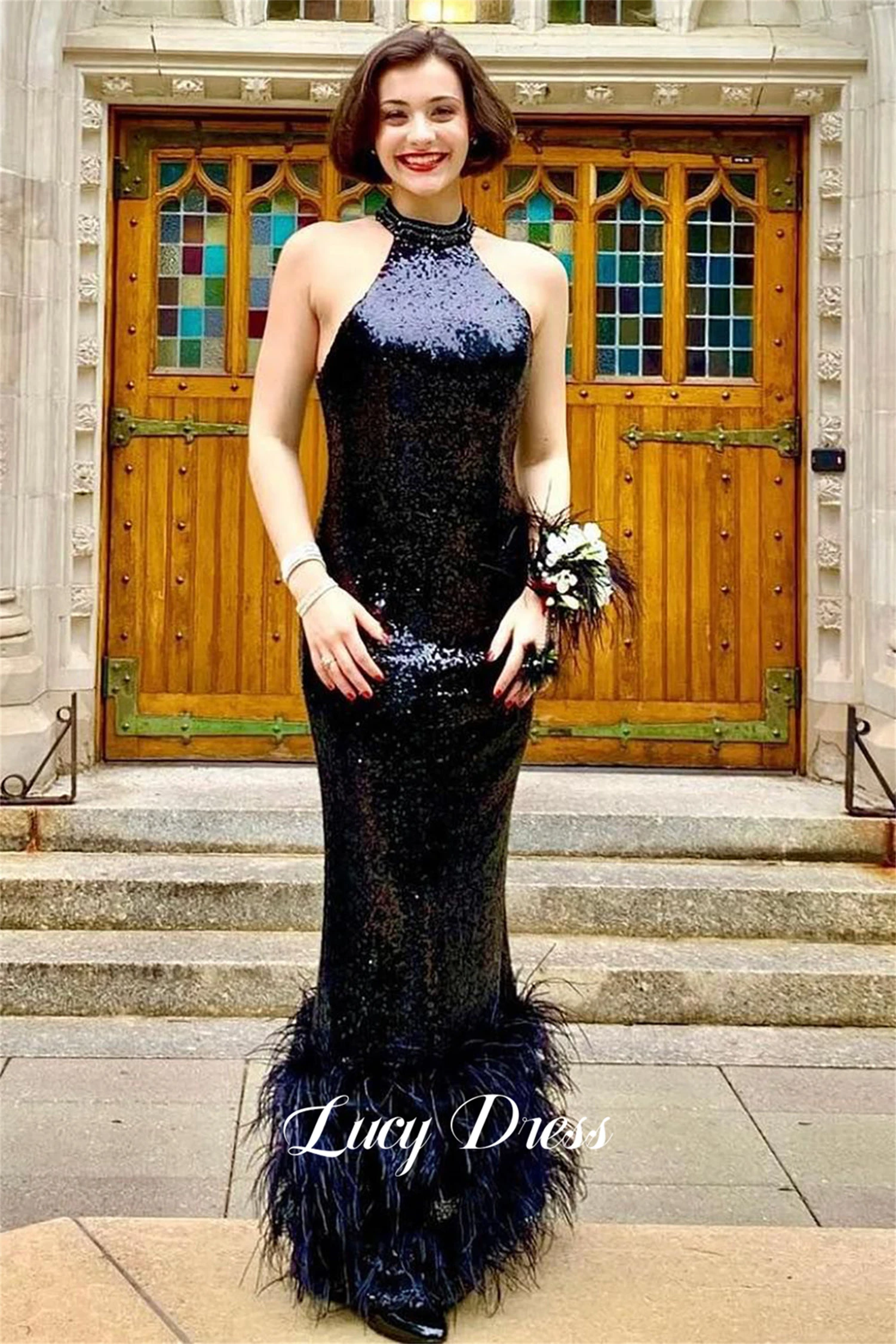 Lucy Ball Gown Sequined Fabric Black Feather Decoration Graduation Elegant Party Dress for Women Luxury Gala Dresses 2024