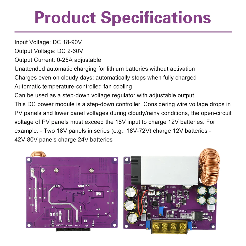 โมดูลแปลงไฟแบบปรับได้ 800W MPPT สำหรับชาร์จพลังงานแสงอาทิตย์ โมดูลจ่ายไฟ DC18-90V เป็น DC2-60V ตัวแปลงแบบ Step Down Buck พร้อมไดโอด Ideal
