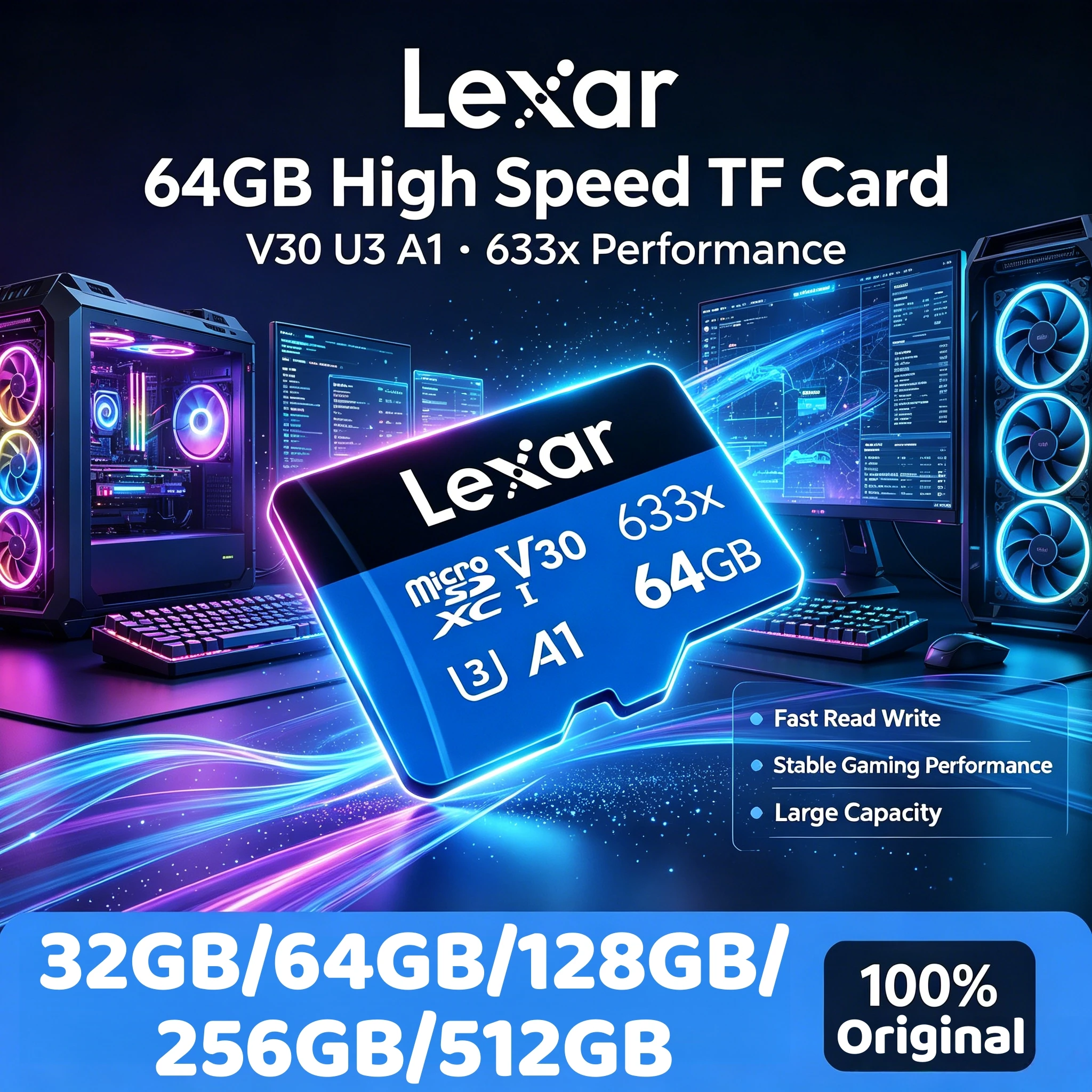 Lexar 633x Micro SD Card 128GB 256GB 64GB SDXC V30 U3 Class 10 A1 with 100MB/s Read Speed for Smartphone Tablet Action Camera