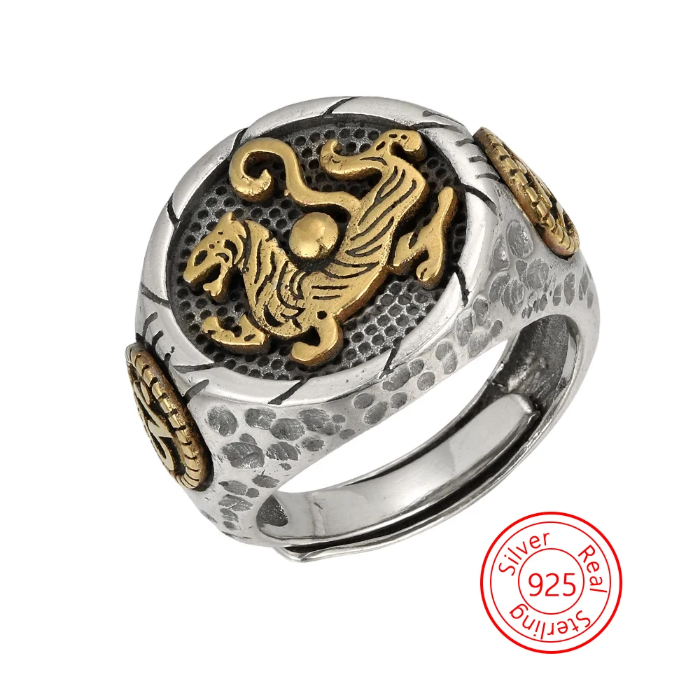 

100% S925 sterling silver Thai silver retro national emblem lion ring men's jewelry gift wide ring accessories with certificate