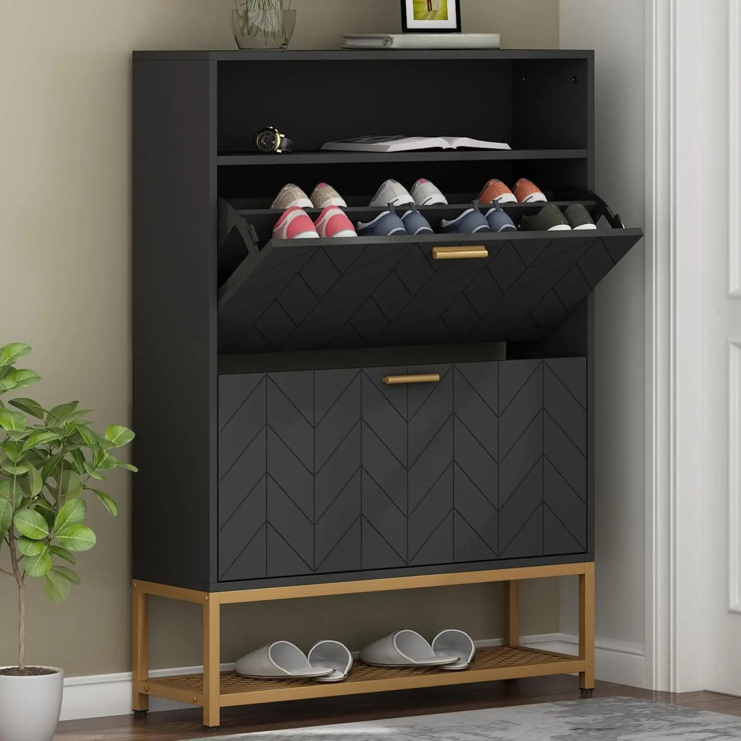 

Free Standing Tipping Bucket Shoe Rack Organizer with 2 Flip Drawers, Narrow Entryway Shoe Storage with Shelf & Top Cubby,