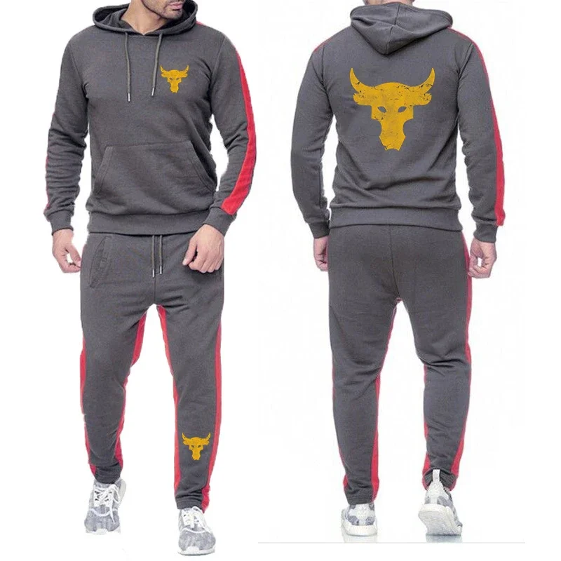 Dwayne Johnson Brahma Bull Tattoo Logo Print Spring Autumn Men's Tracksuit High Quality Loose Hoodies+Casual Trousers Sports Set