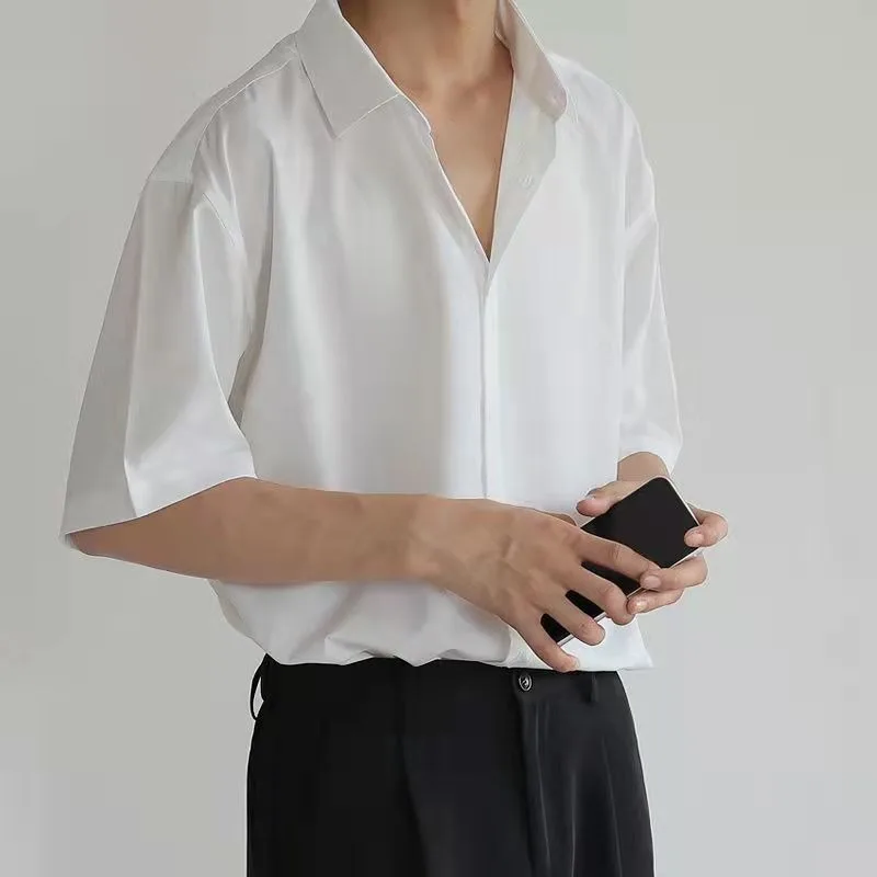 Men Ice Silk Draped Wrinkle Resistant Shirt Summer Solid Short Sleeve Hong Kong DK Style Premium Handsome Streetwear Daily Top
