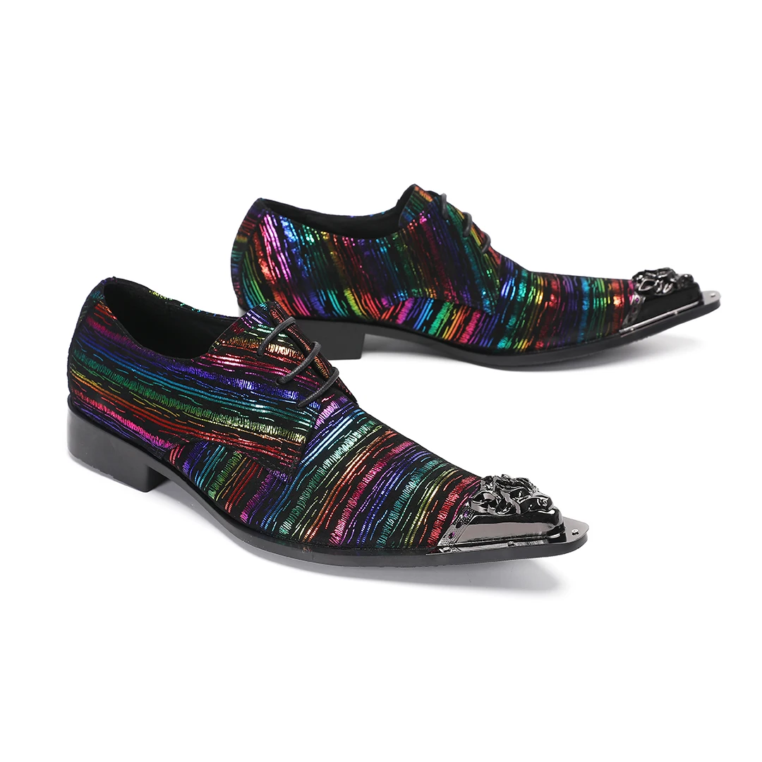 

Brand New Multicolor Stripe Genuine Leather Loafers Men Luxury Metal Toe Slip On Oxfords Flats Formal Party Dress Shoes