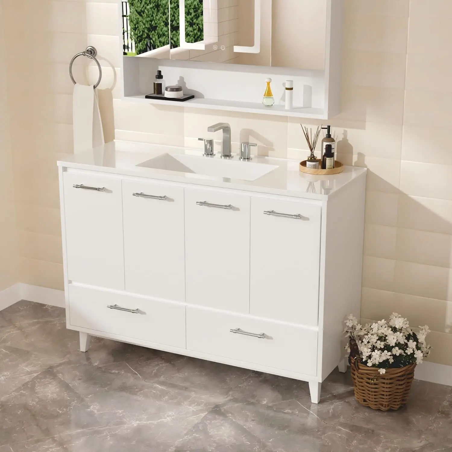 

48'' Standard Size Bathroom Vanity with Tops, 3 Drawers, Built-in Power Outlet, Storage Unit (White,Assembly Required)
