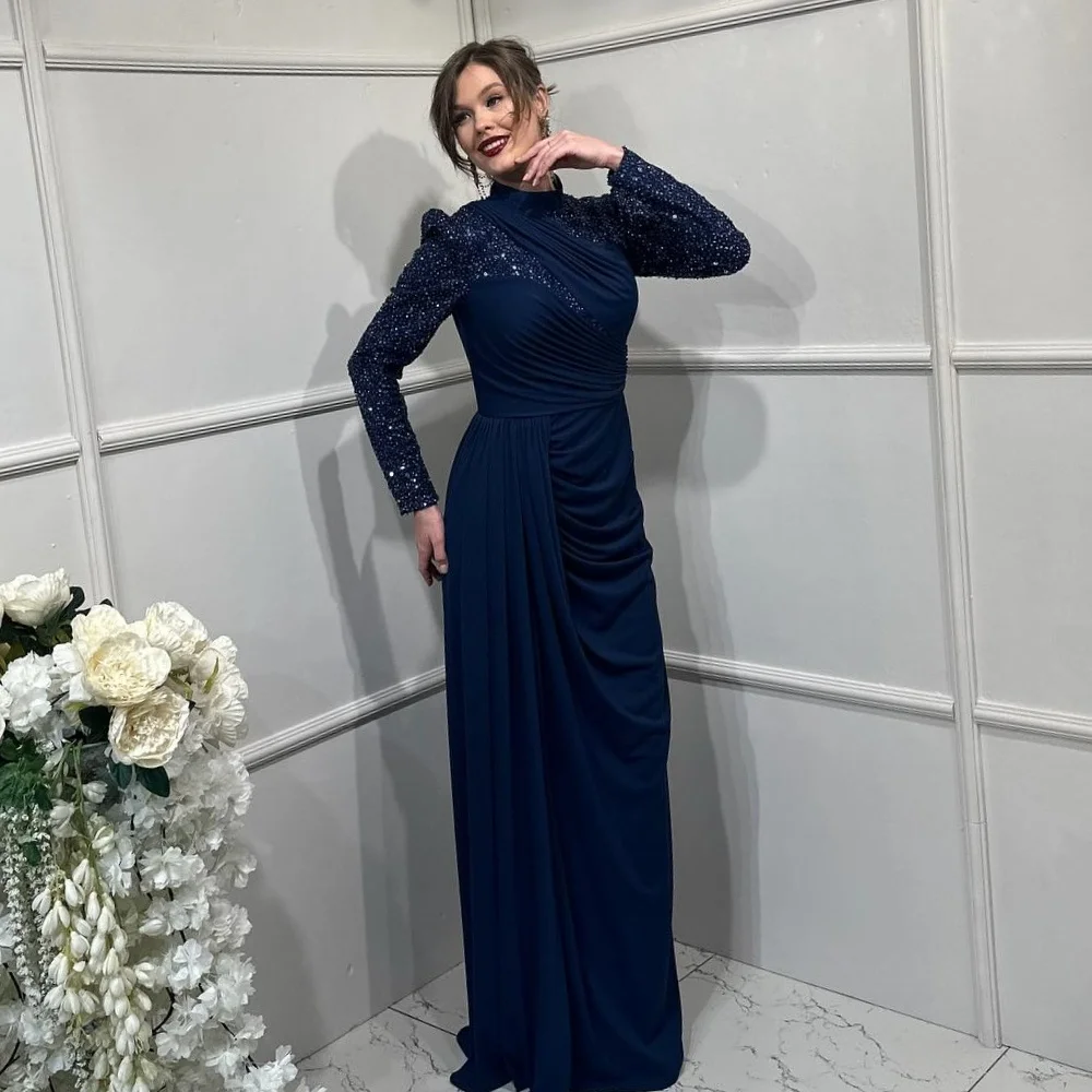 

Customized Formal Intricate Chiffon Sequined Rhinestone Beading Pleat Straight High Collar Long Dresses Bespoke Occasion Dresses