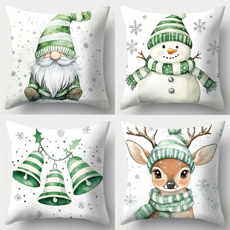 Contemporary Christmas Cushion Covers 4-Pack, Snowmen Gnomes Print in Green Silver White, Soft Polyester for Living Room Decor