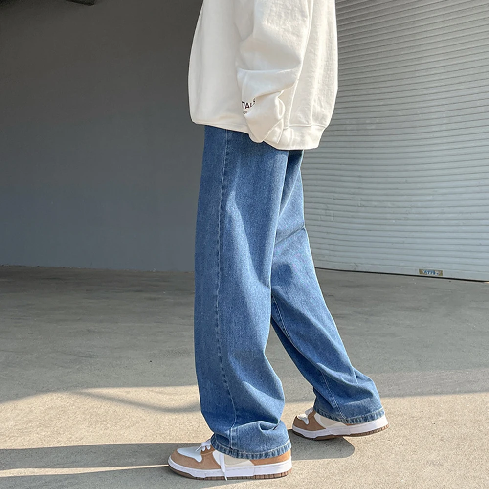 Baggy Jeans Men 2023 New Drawstring Elastic Waist Straight Wide Leg Pants  Fashion Black Hip Hop Denim Trousers Light Blue