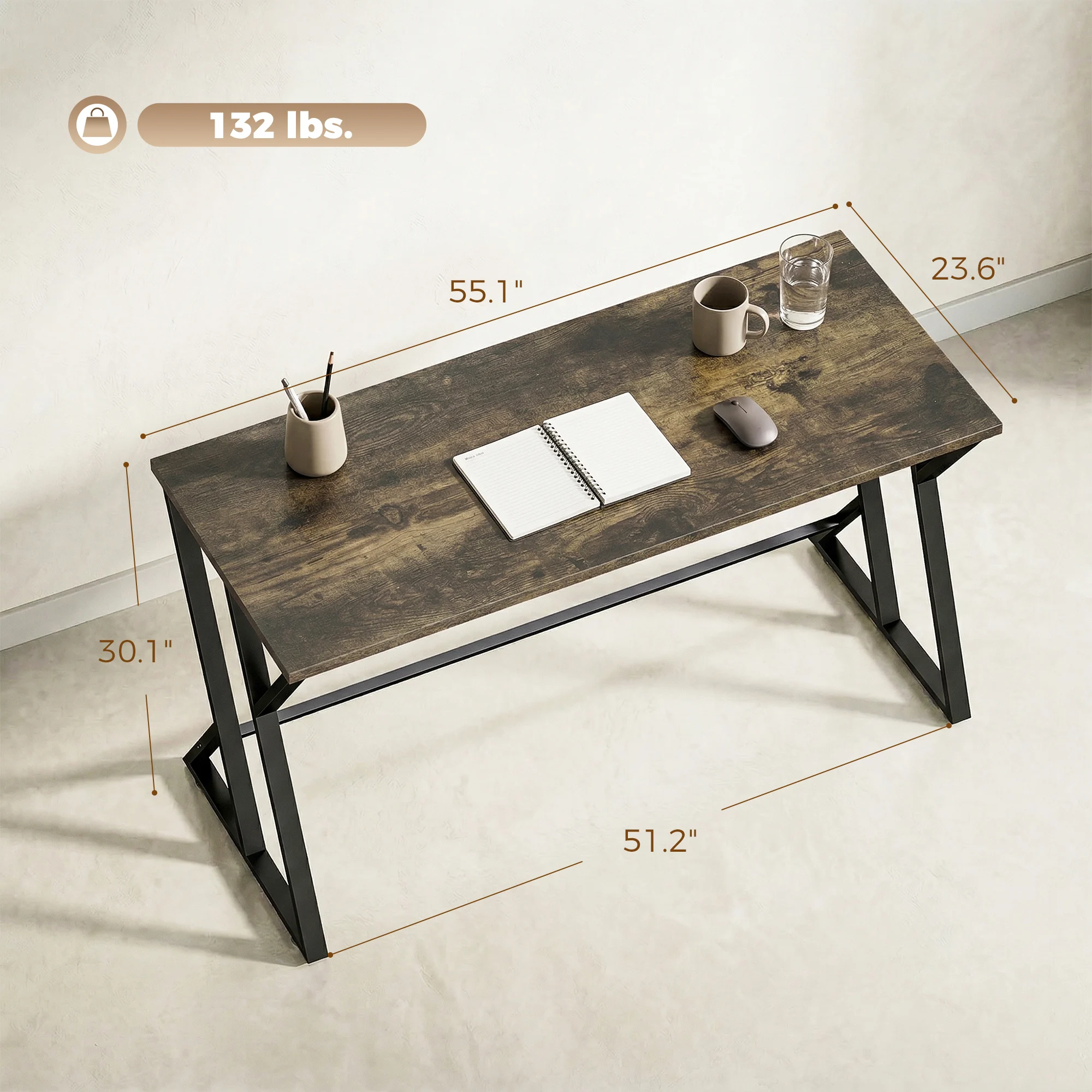 Homcom 55 Inch Computer Desk, Industrial Writing Desk with Z-Shaped Metal Leg, Study Table for Home Office, Bedroom, Small Spaces, Rustic Brown