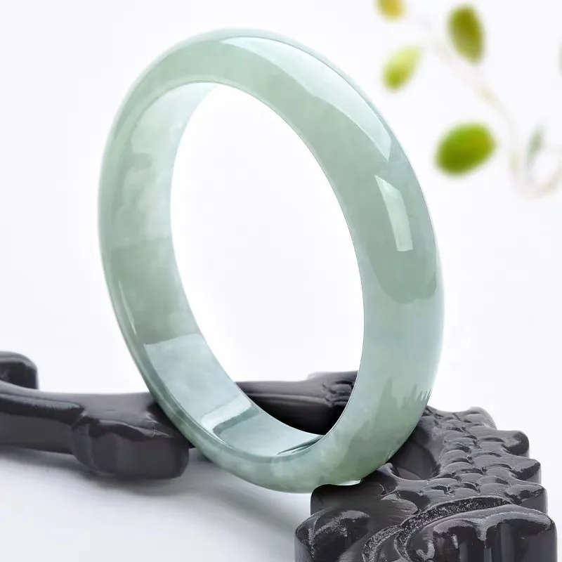Myanmar Old Mine Bracelet, Light Jade with Green Inclusions, Women's Gift, Single Color Ice Waxy Jadeite Brace view 3