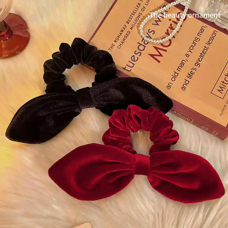 

1pc Retro Velvet Rabbit Ear Bow Large Intestine Hairband Temperament Coiled Hairstring High Ponytail Elastic Hairstring