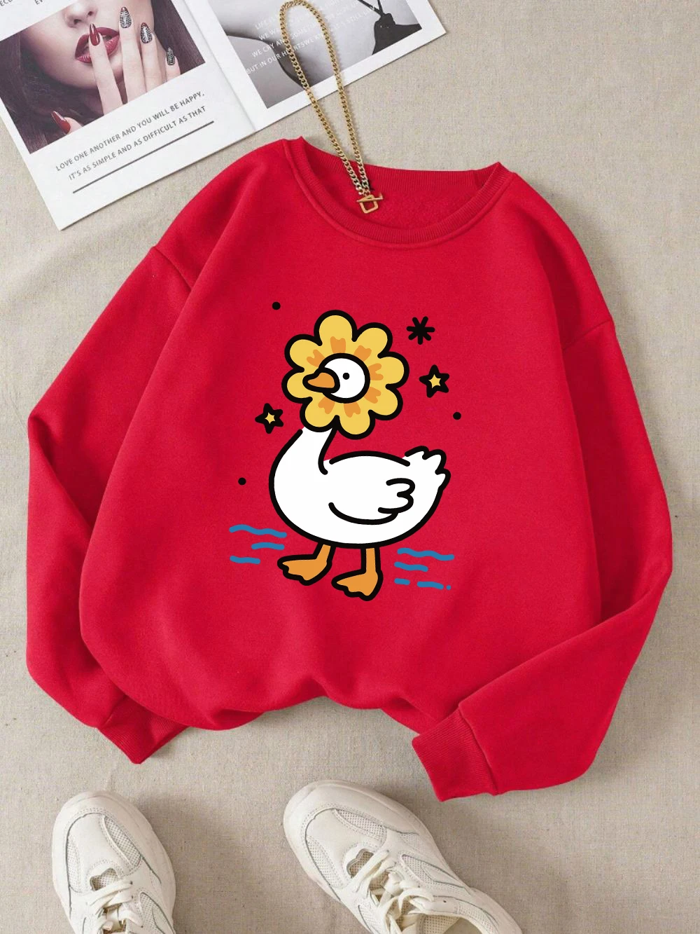 Cute Sunflower Duck Print Hoodie Women's Street Loose Pullover Basic Sports Sweater 2025 Autumn and Winter Warm Women's Clothing