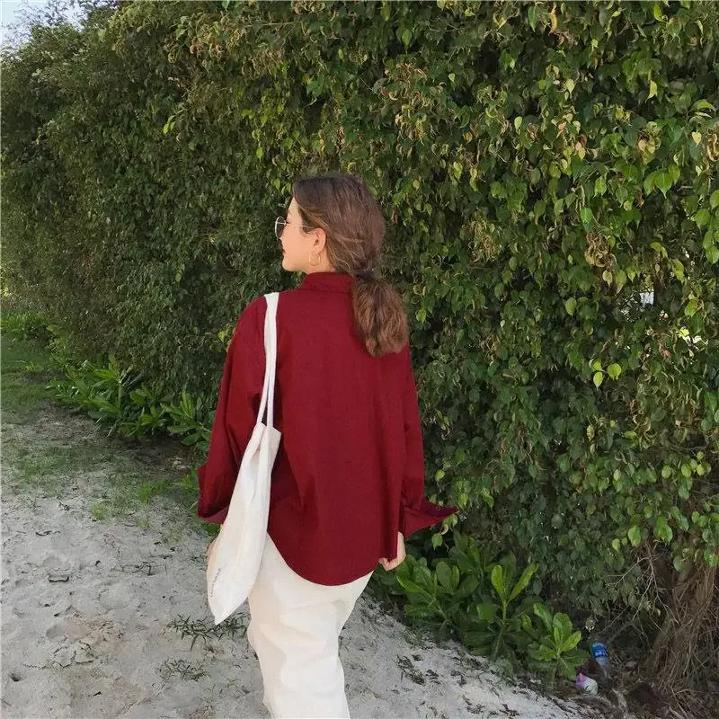 Koszule Damskie Topy Stylowe Codzienne Wiosenne Slouchy Vocation Eleganckie Francuskie Solidne Proste Podstawowe Wywijane Kołnierzyki Casual New Arrival