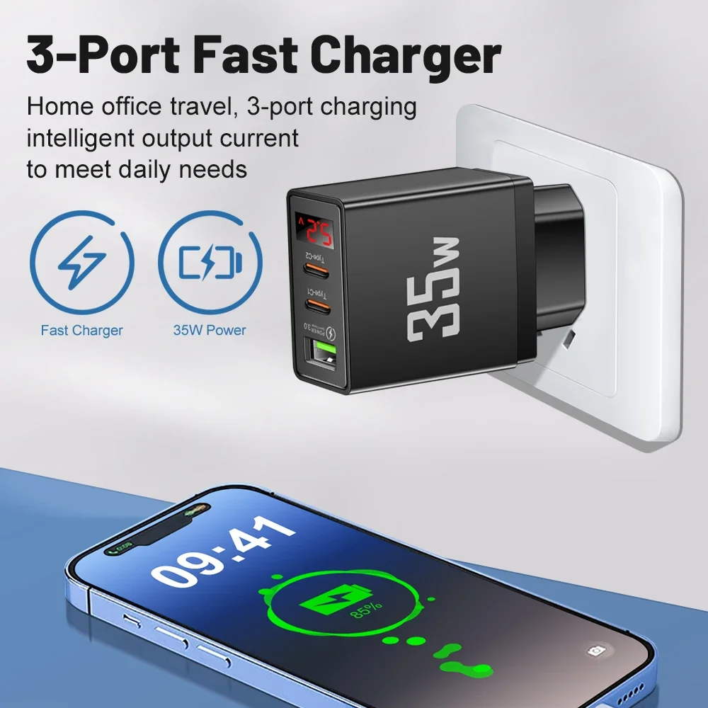 35W USB PD Charger 3 Ports USB Type C Fast Charging Wall Charger For iPhone Samsung Xiaomi Digital Display Mobile Phone Adapter