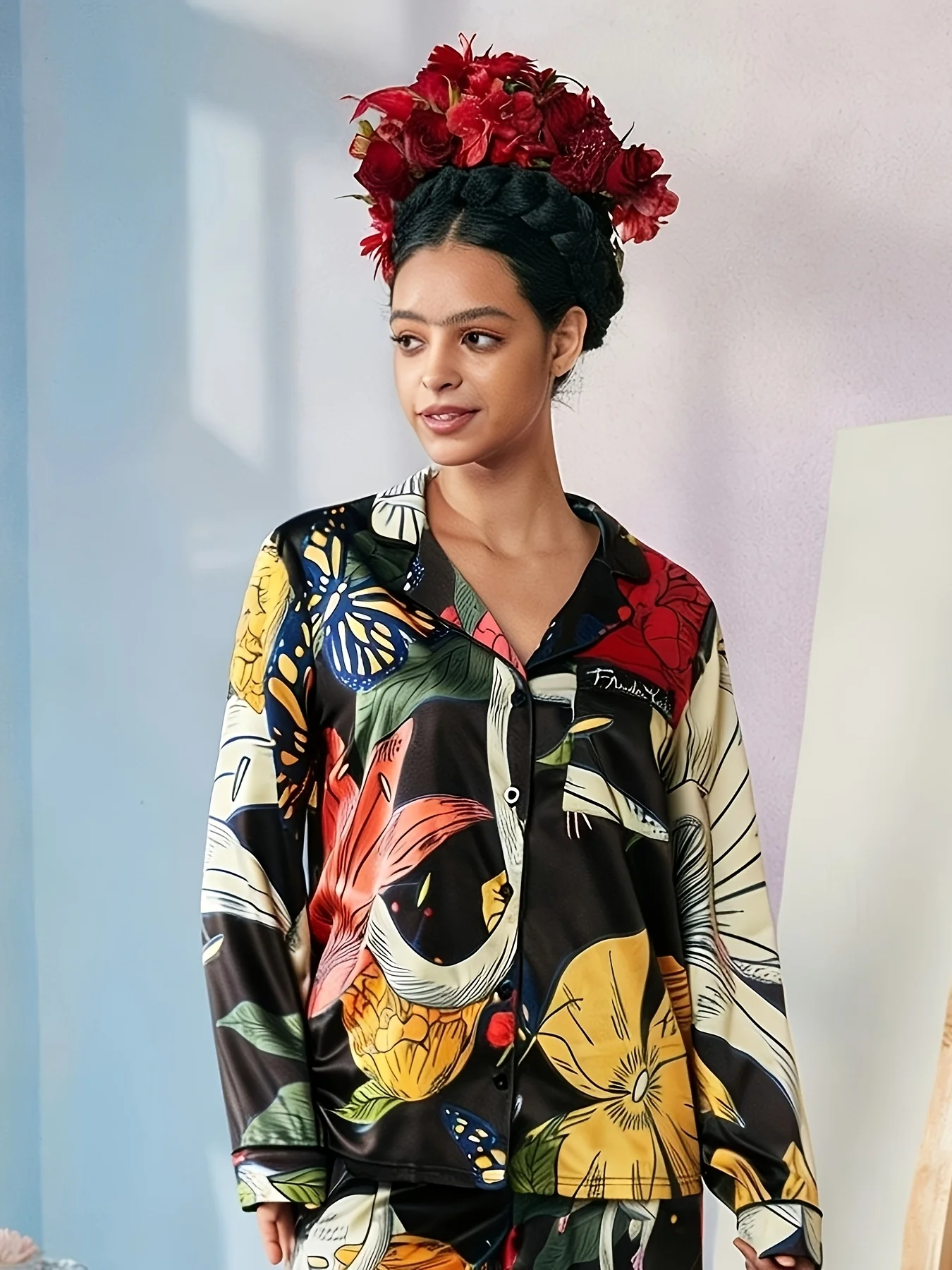 

Женский атласный пижамный комплект с художественным принтом в стиле Фриды, с отложным воротником и длинными рукавами, для дома и отдыха