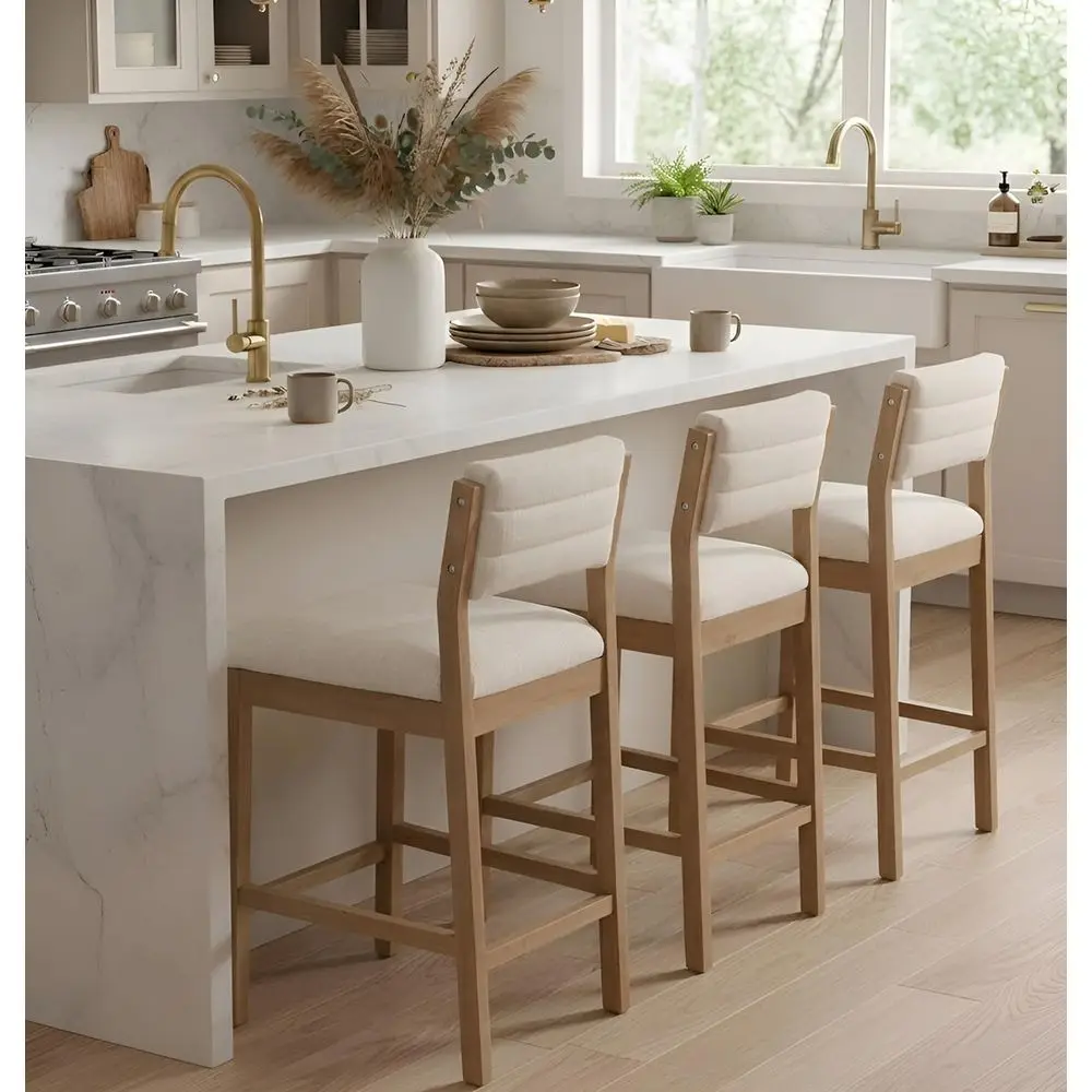 

Set of 3 Counter Height Bar Stools - Upholstered with Backrest and Wood Legs, Beige Linen for Kitchen Island