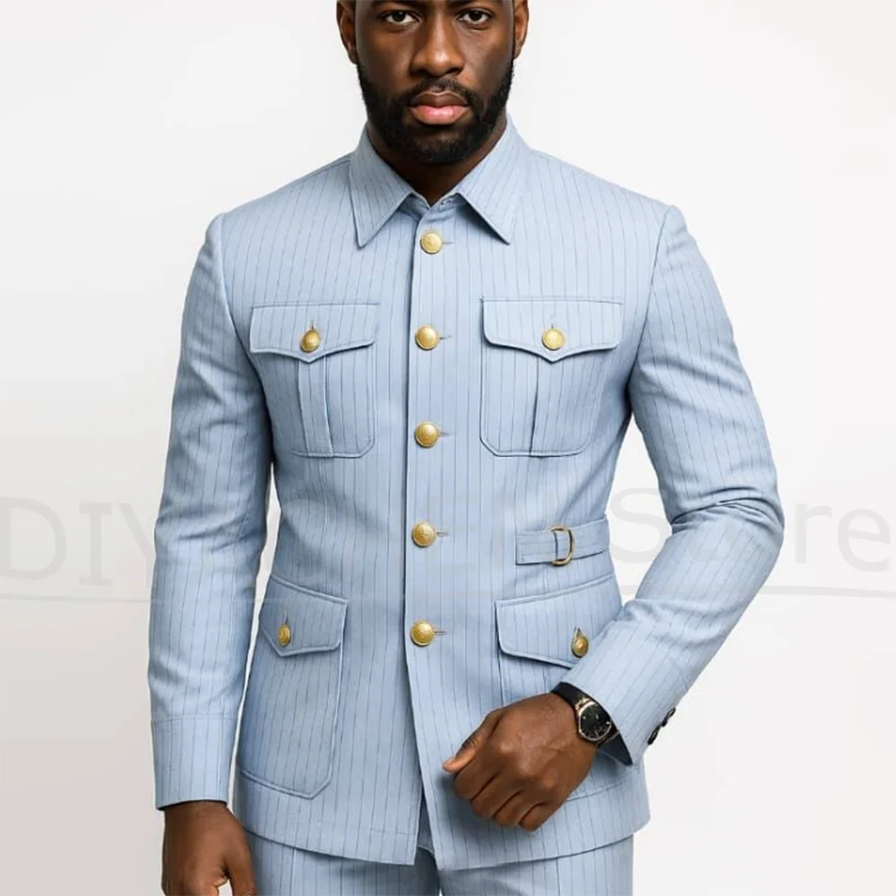 

Men's Pinstripe Suit Set Two Piece Military Style Single Breasted Male Clothing Slim Fit Formal Business Casual Daily Suits