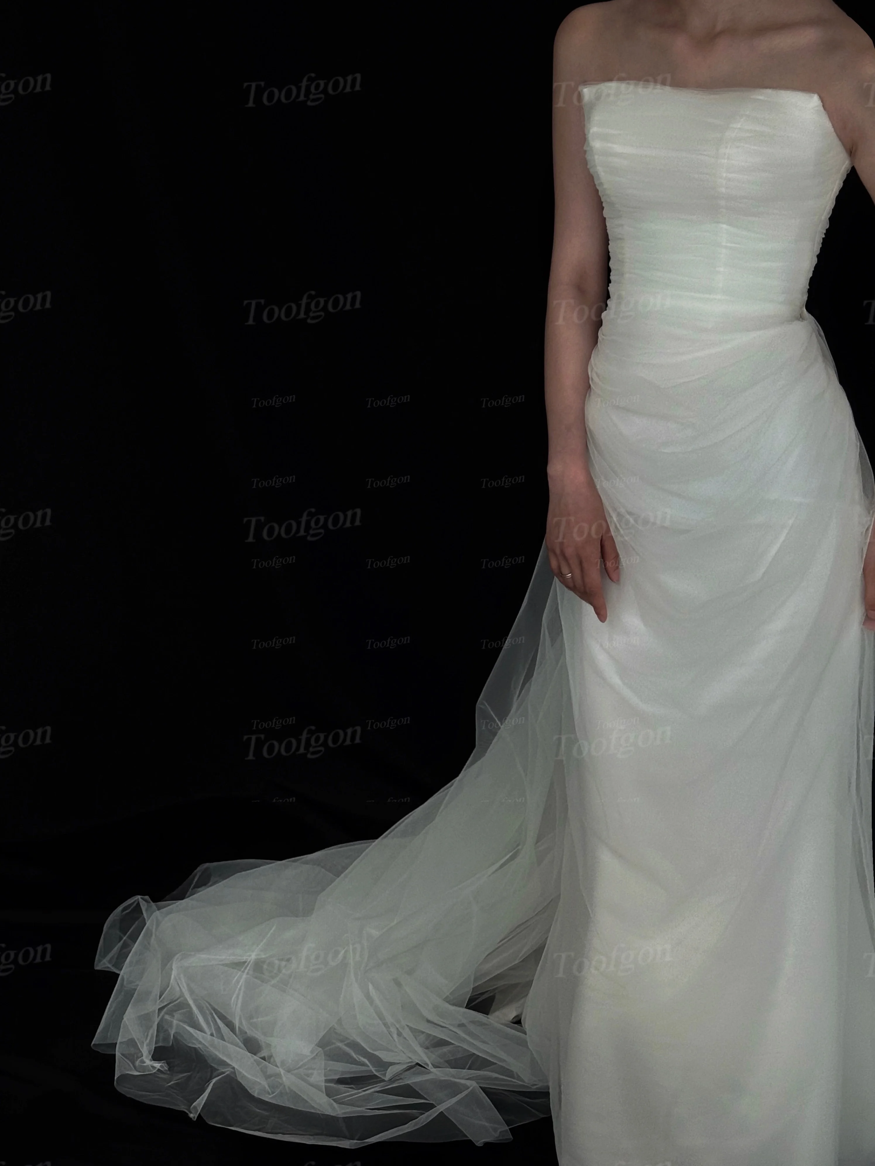 Toofgon Customized Removable Train Wedding Dresses Strapless Pleats Formal Bride Gowns Mermaid Long Bridal Photography Dress