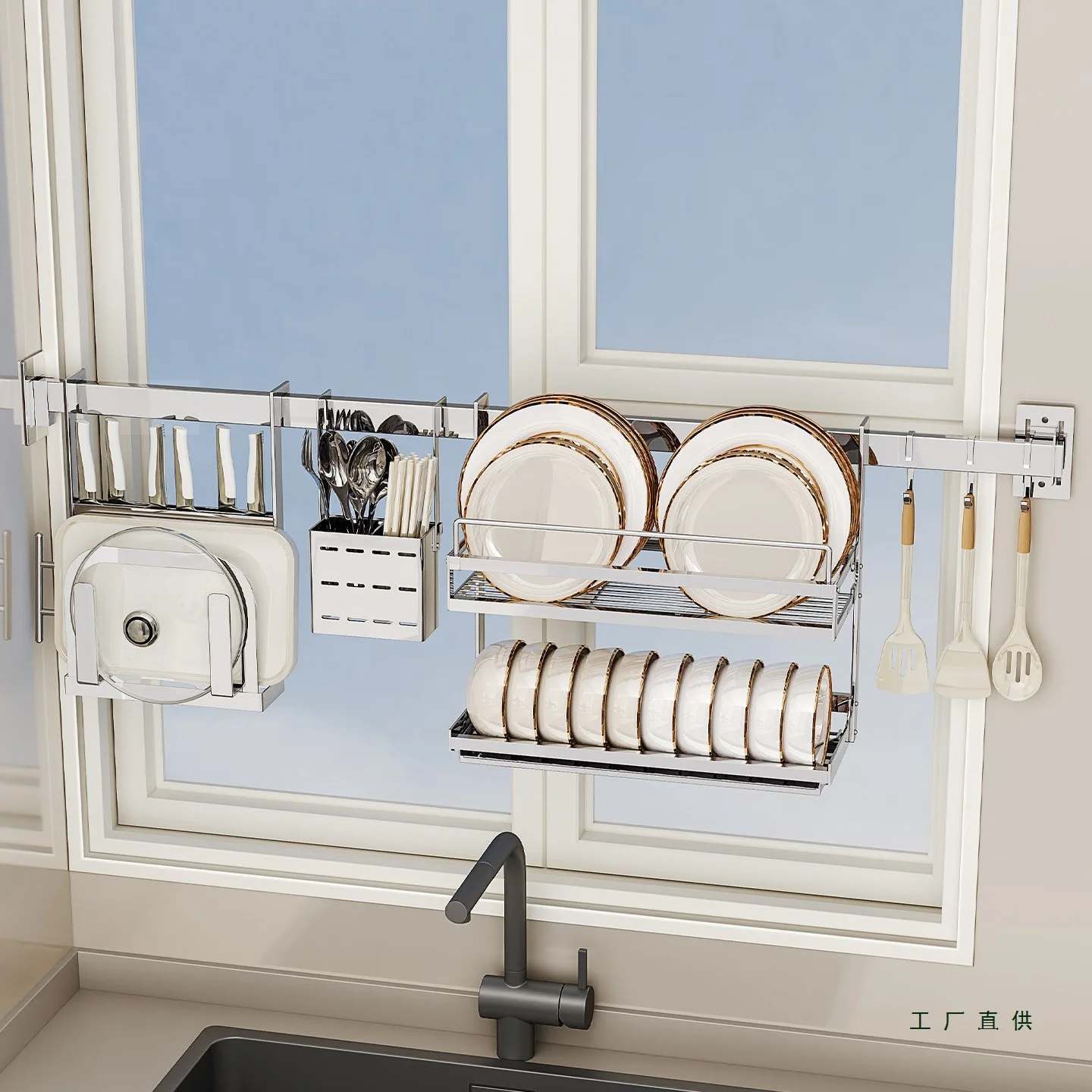 304 stainless steel kitchen wall rack drain bowl  dish  hanger window sill pendant hanger rod storage