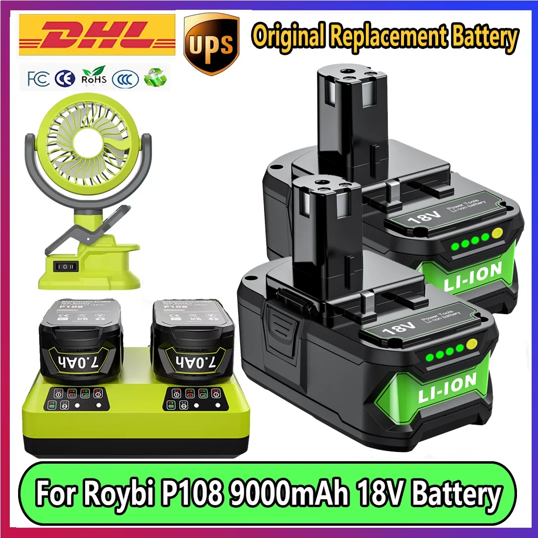 Para Roybi P108 batería 9000mAh con cargador Dual 6A batería de repuesto para Roybi 18V un sistema P102 P103 P104 P107 P105 ventilador