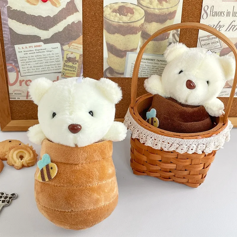 New lovely  Honey jar Teddy bear plush keychain cartoon couple backpack doll pendant children's gift funny Creative decorate