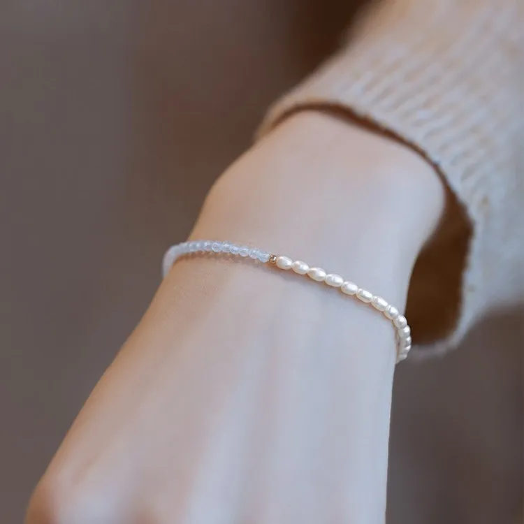 Light Blue Natural Sea Blue Treasure Bracelet Women's Design Ins Small Rice Pearl Bracelet Extremely Fine 3mm