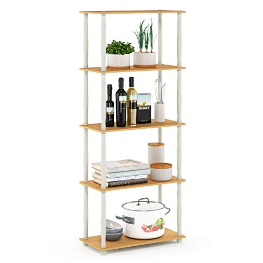 

TURN-S-TUBE 5-Tier Corner Shelf for Living Room Garage Home Office Storage: Beech-Colored Classic Tubes Toolless Assembly Open