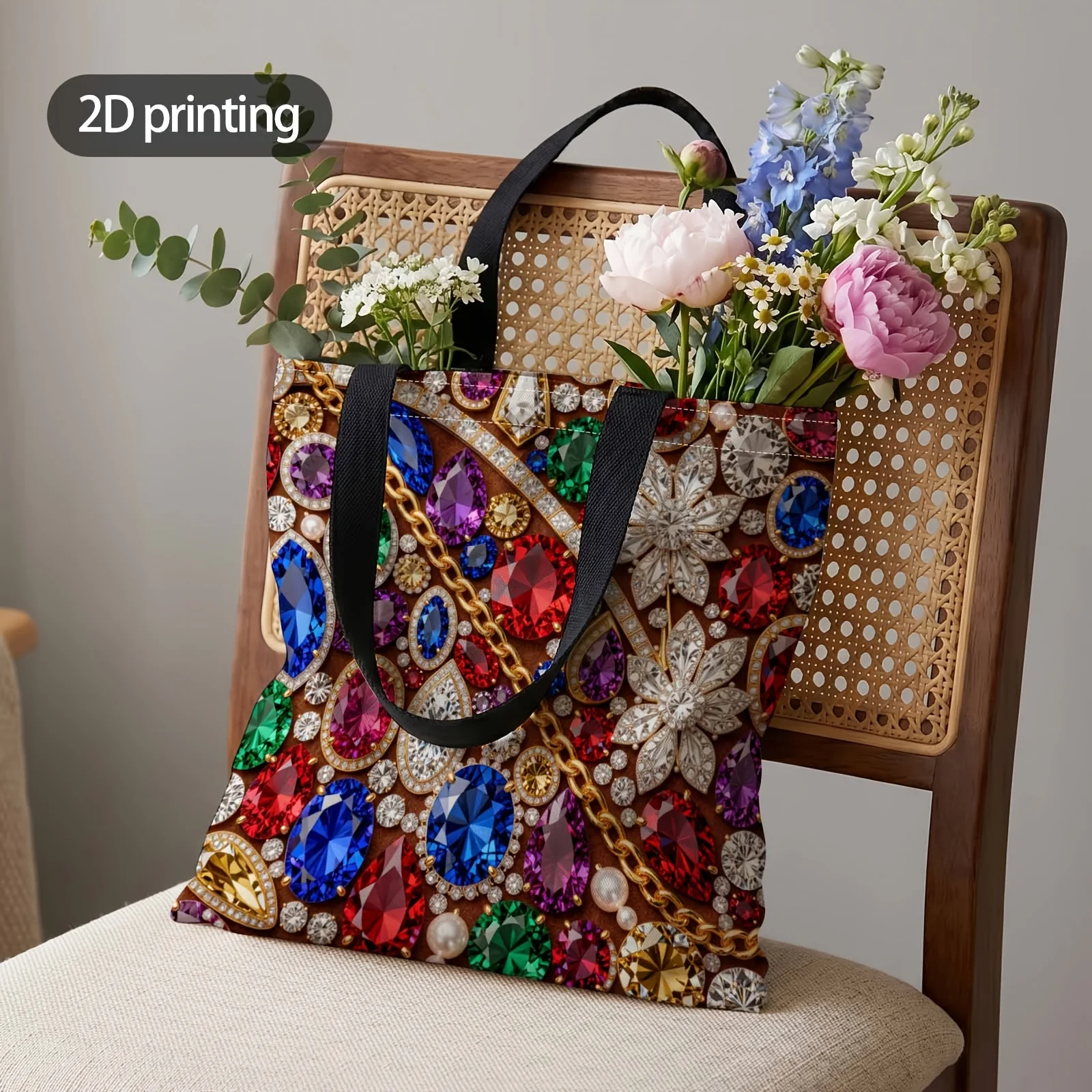2D Printed Handbag with Sparkling Jewel Extravaganza Pattern,Shopping Tote Bag Suitable for Daily Commute And Travel Pouch