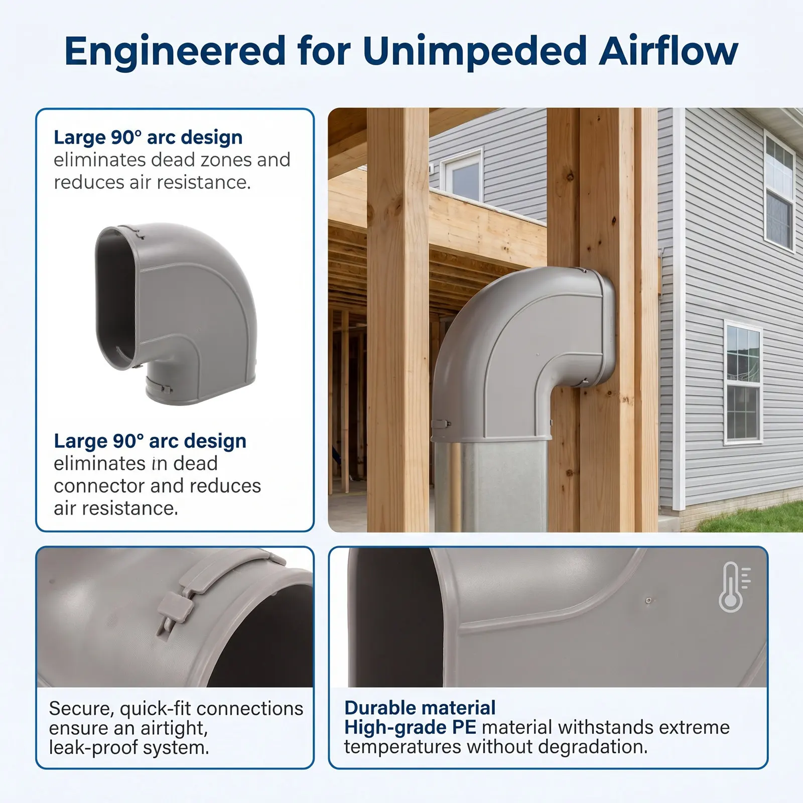 Pe Flat Oval Duct Elbow 90 Degree Horizontal Bend Ventilation Pipe Fitting for Whole House Fresh Air System Floor Ducting