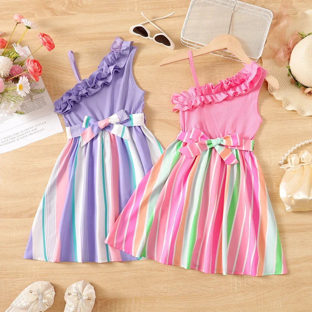 PatPat Kid Girl Colorful Striped Belted Ribbed Ruffle Slip Dress Soft and Comfortable  Perfect for Outings and Daily Wear