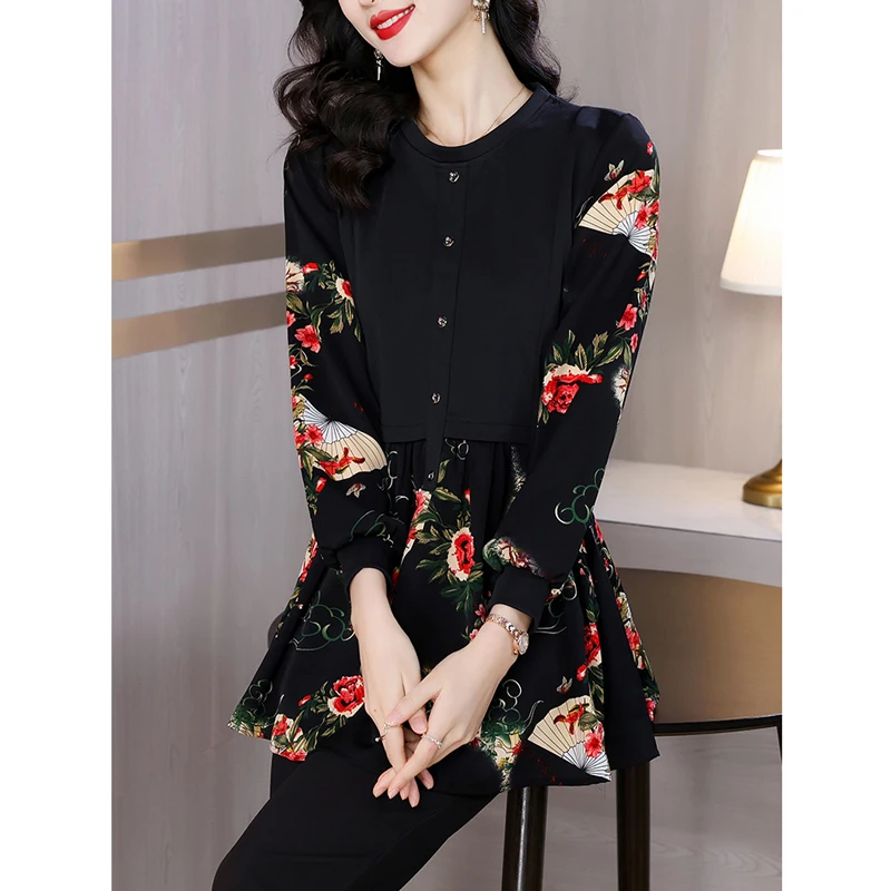 Women Korean Fashion Print Patchwork Blouse Vintage Elegant Long Sleeve Shirts Casual Slim Tunic Tops 2024 Spring Autumn Blusas