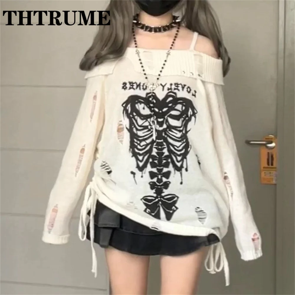 Harajuku Vintage Y2K Sweaters Fashion Women Knit Hollow Out Autumn Long Sleeve Jumpers Tops Casual Off Shoulder Loose Pullovers