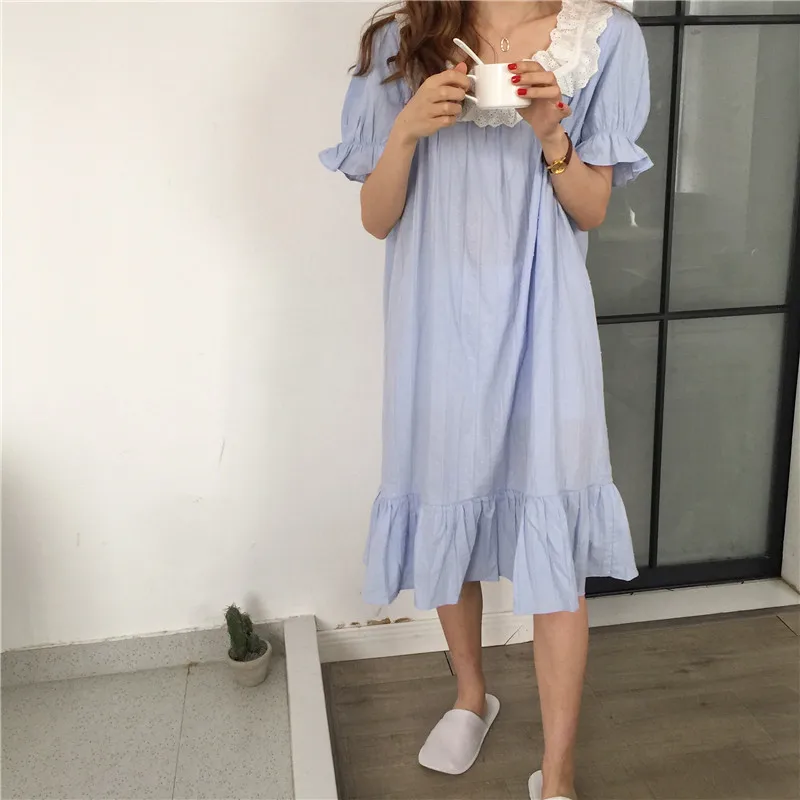 Blue Lace Square Collar Nightgown Korean Kawaii Long Sleepwear Loose Cotton Night Dress Short Sleeve Jacquard Striped Homewear