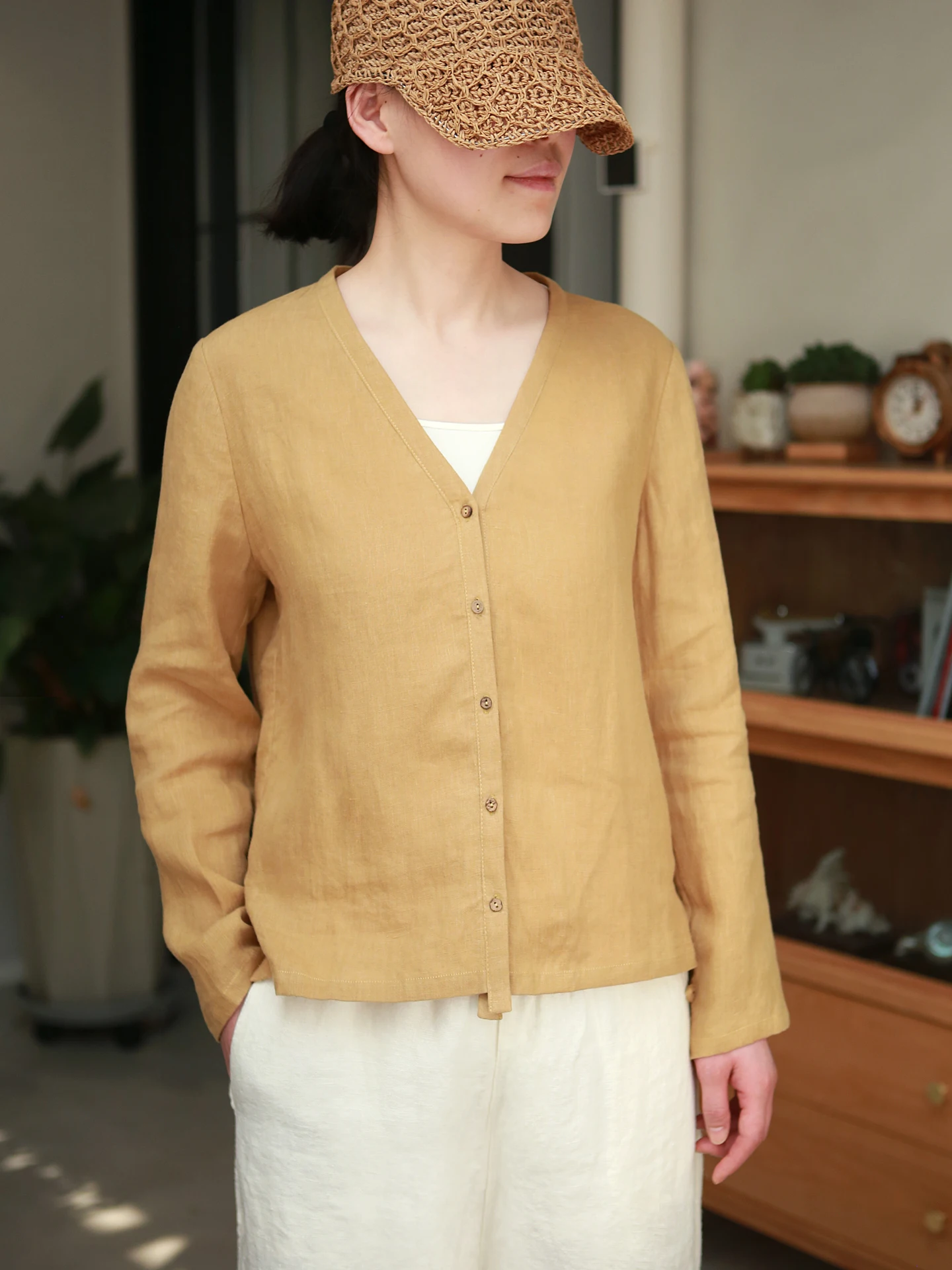 

Весна 2026: Женский льняной кардиган-рубашка свободного кроя, желтый, повседневный, в винтажном стиле, свободный крой