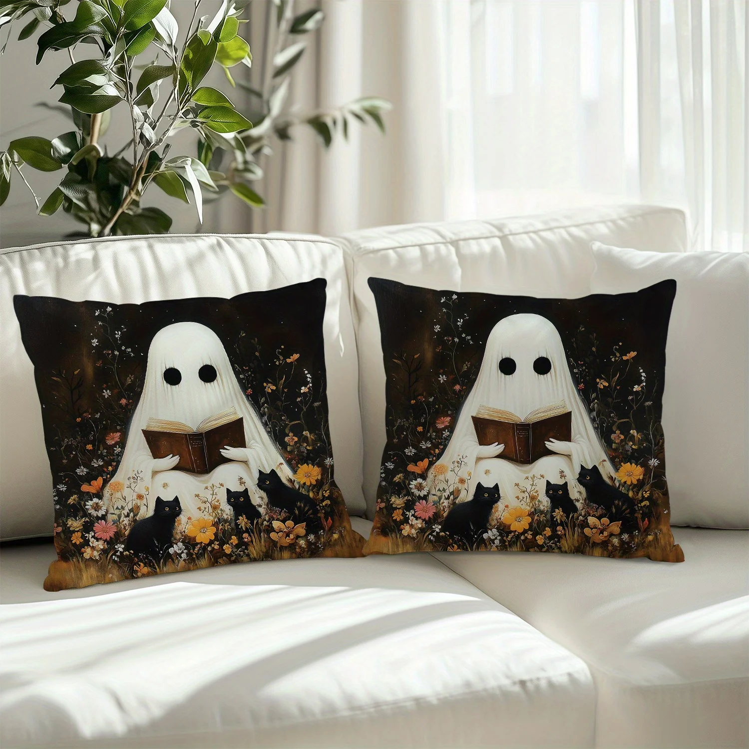 2pcs Gothic Fantasy Throw Pillow Covers 18x18 Inch, Short Plush Polyester with Zipper Vintage Style Floral and Ghost Cat Design
