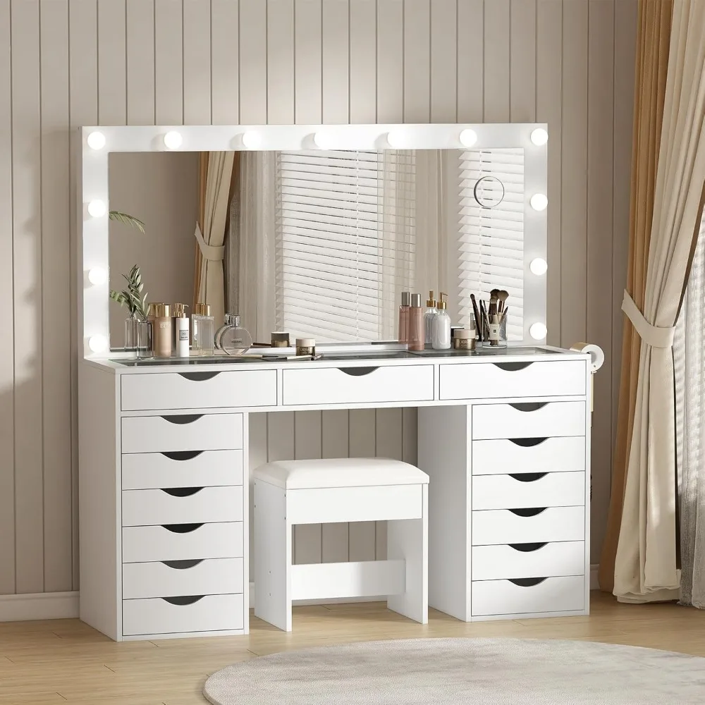 Vanity Desk with Power Outlet, Makeup Vanity with Lighting Mirror, Vanity Desk Set