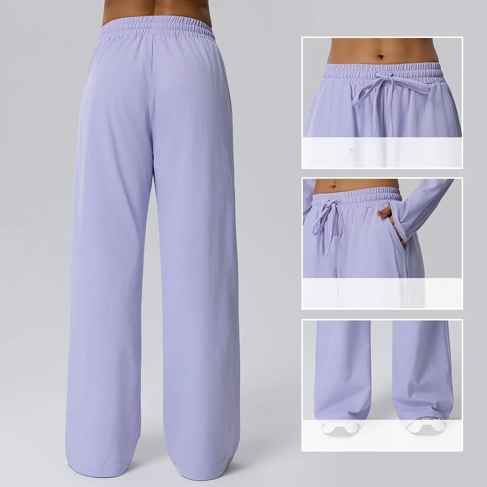 Women Waffle Knit Straight Leg Pants Lightweight Breathable Loose Fit Running Workout Fitness Casual Long Trousers