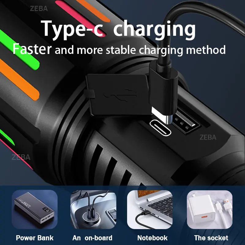 8000000LM Сильный свет фонарик Самый мощный светодиодный фонарик 800 Вт Супер яркие фонарики Тип C Перезаряжаемая лампа Дальный фонарь