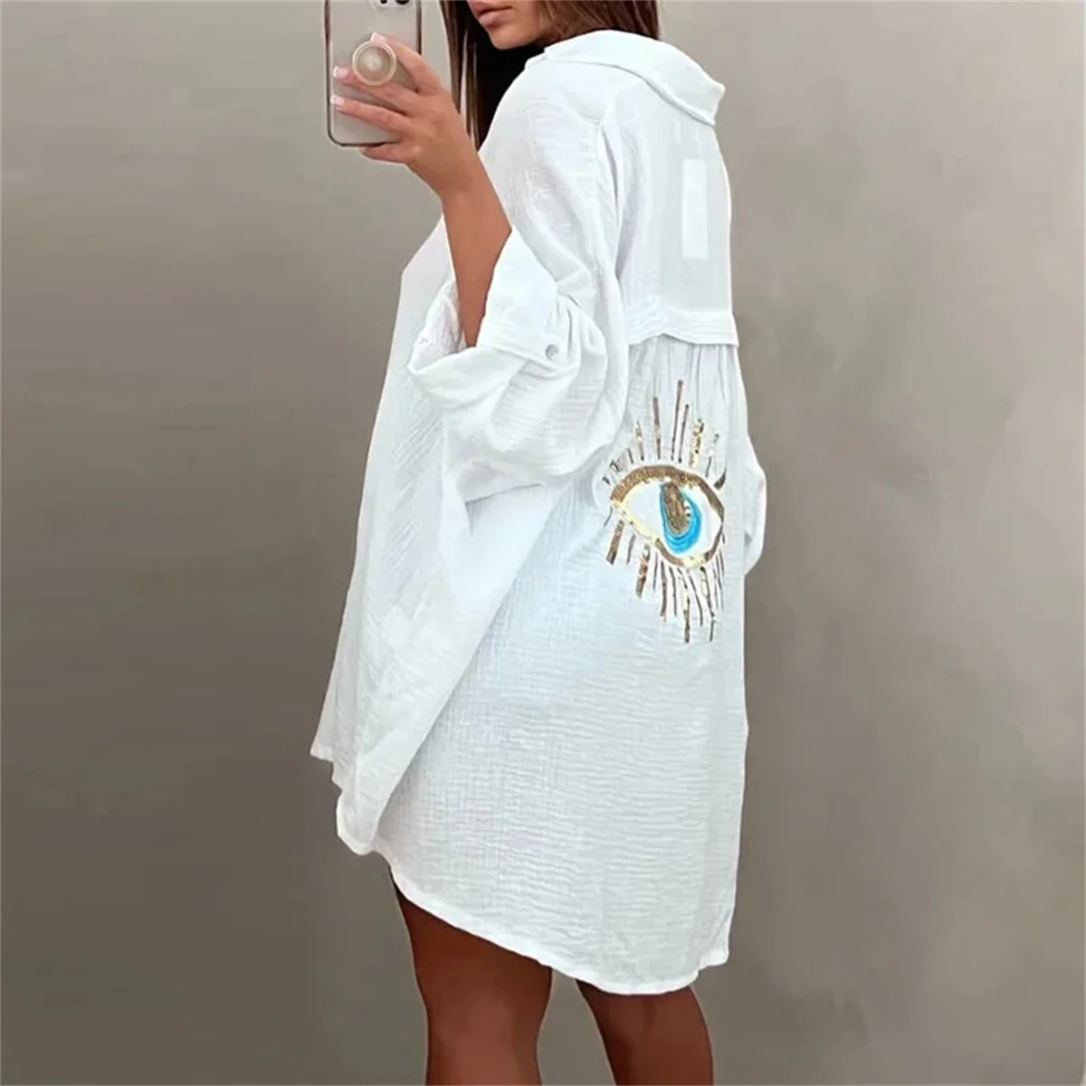 Evil Eye Long Sleeve Loose Shirt Sequin Beaded Turn-down Cardigan Tops Single Breasted Solid Casual Beach Long Blouse Summer